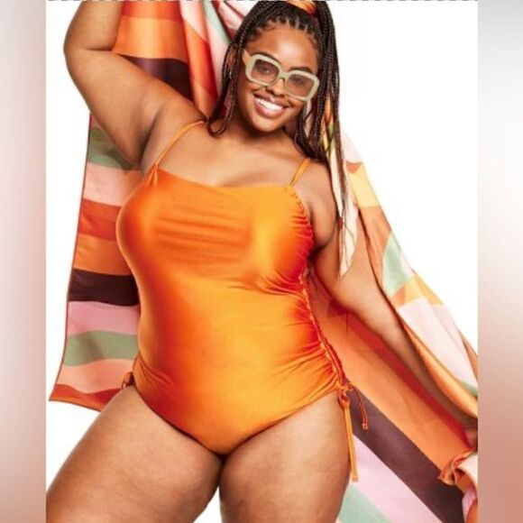 Metallic SideRuched HighLeg Cheeky OnePiece Swimsuit FeNoelxTarget Orange NWT 1X - Picture 1 of 16